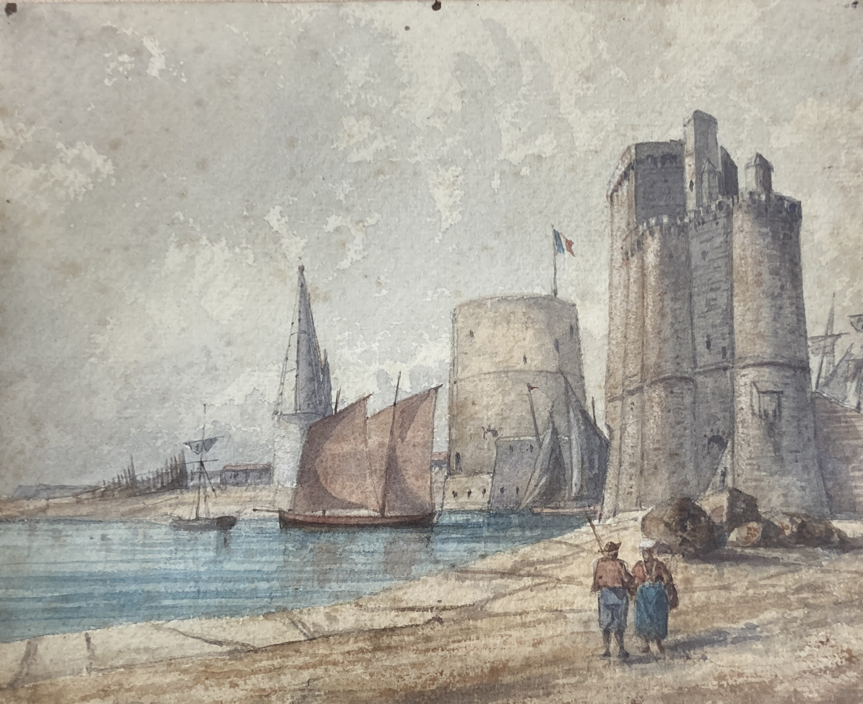 19th century English School, watercolour, Cottage on the road to Villequaire, 9 x 18cm, a watercolour French harbour scene, and a small oil, Riverscape